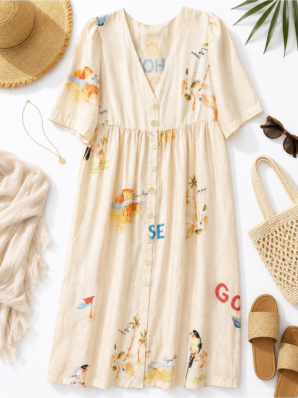 Cream Beach Print Button-Front Midi Dress
